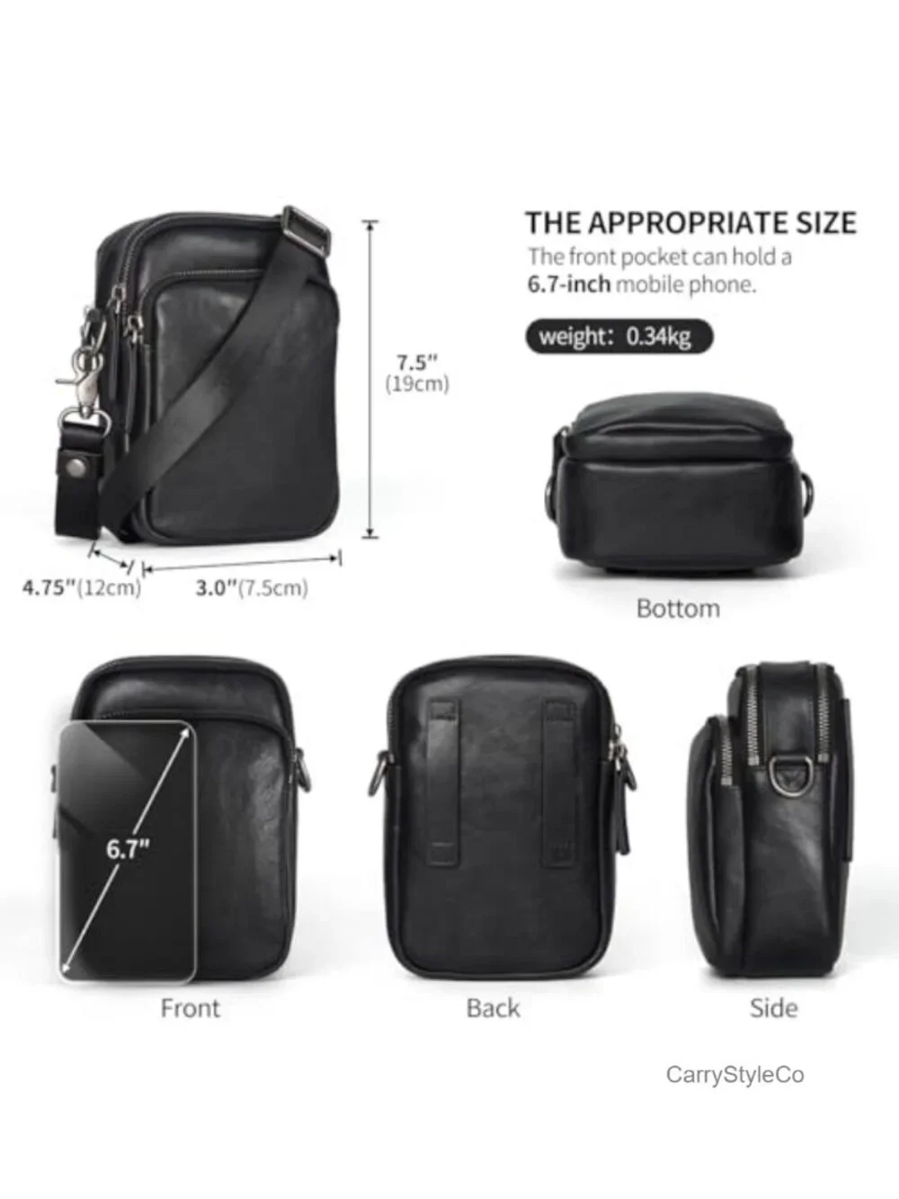 Full-Grain Leather Messenger Crossbody Bag for Men Adjustable Strap Work